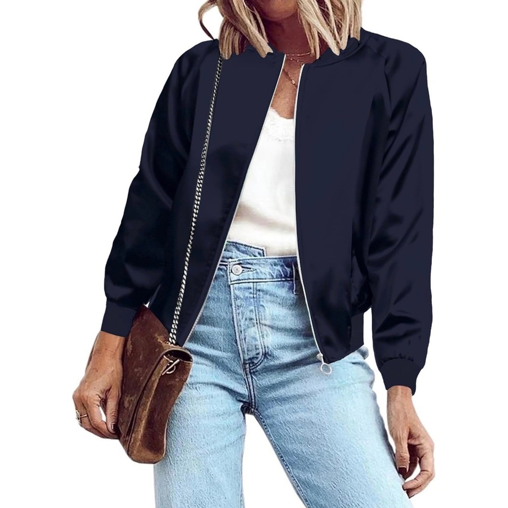 Relaxed Fit Navy Blue Satin Bomber Jacket Womens 2XL Full Zip Lightweight Coat